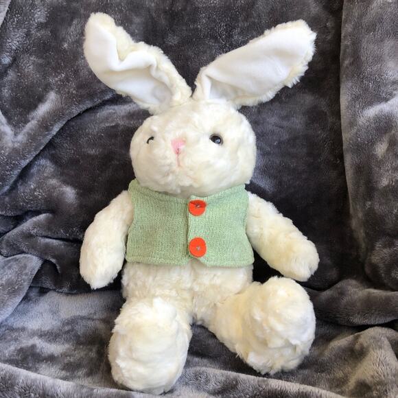 White Bunny Rabbit Plush Green Vest Bendable Ears 15”  Soft Stuffed Animal Toy - Picture 10 of 16